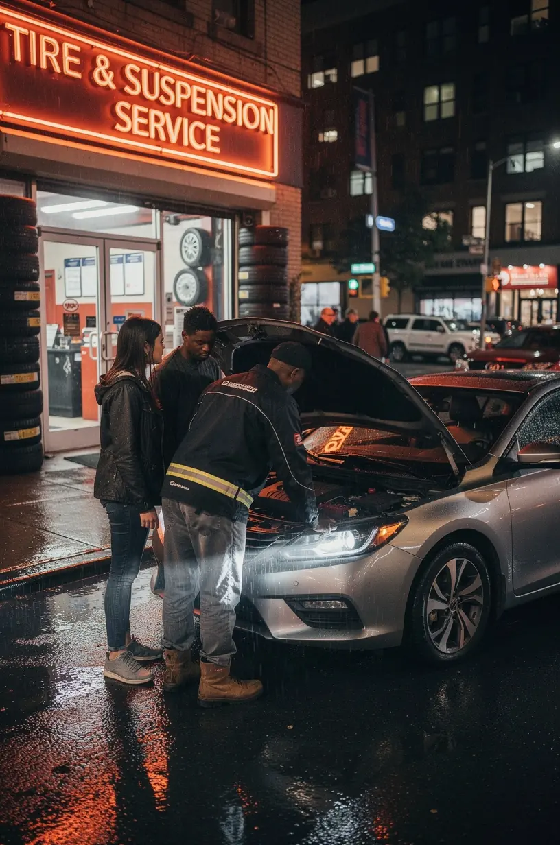 Customer receiving transparent consultation about tire maintenance tailored for urban driving challenges