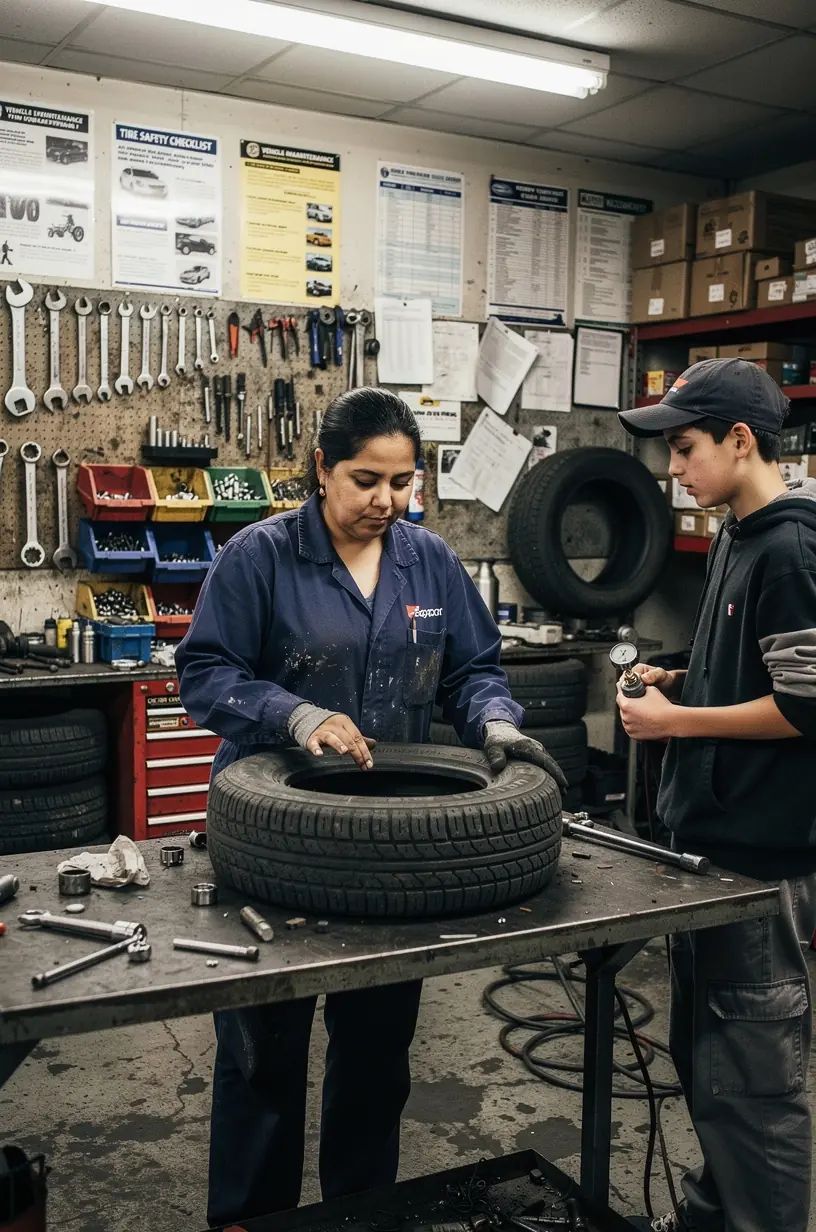 Workshop exterior showing a specialized New York tire and suspension repair shop located in a crowded urban area