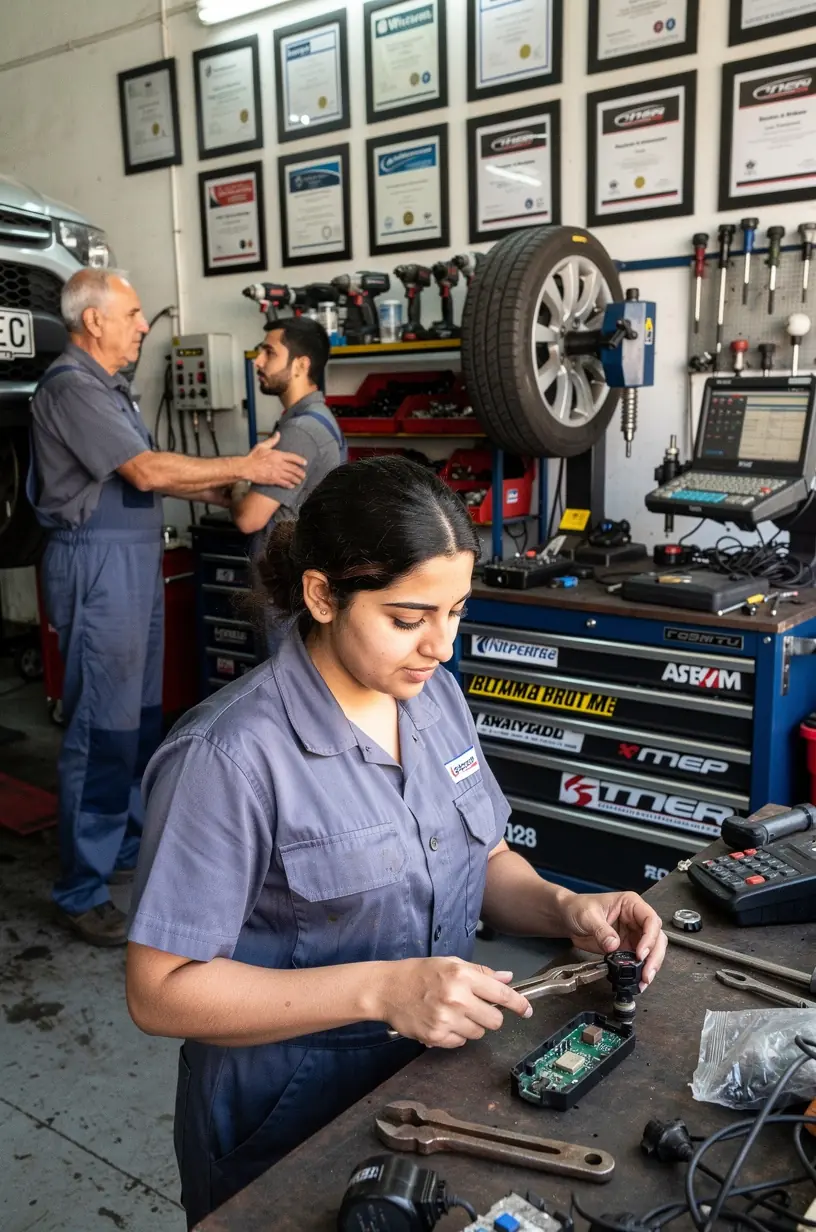 Technician demonstrating proper tire rotation techniques to extend tire life in heavy urban traffic environments